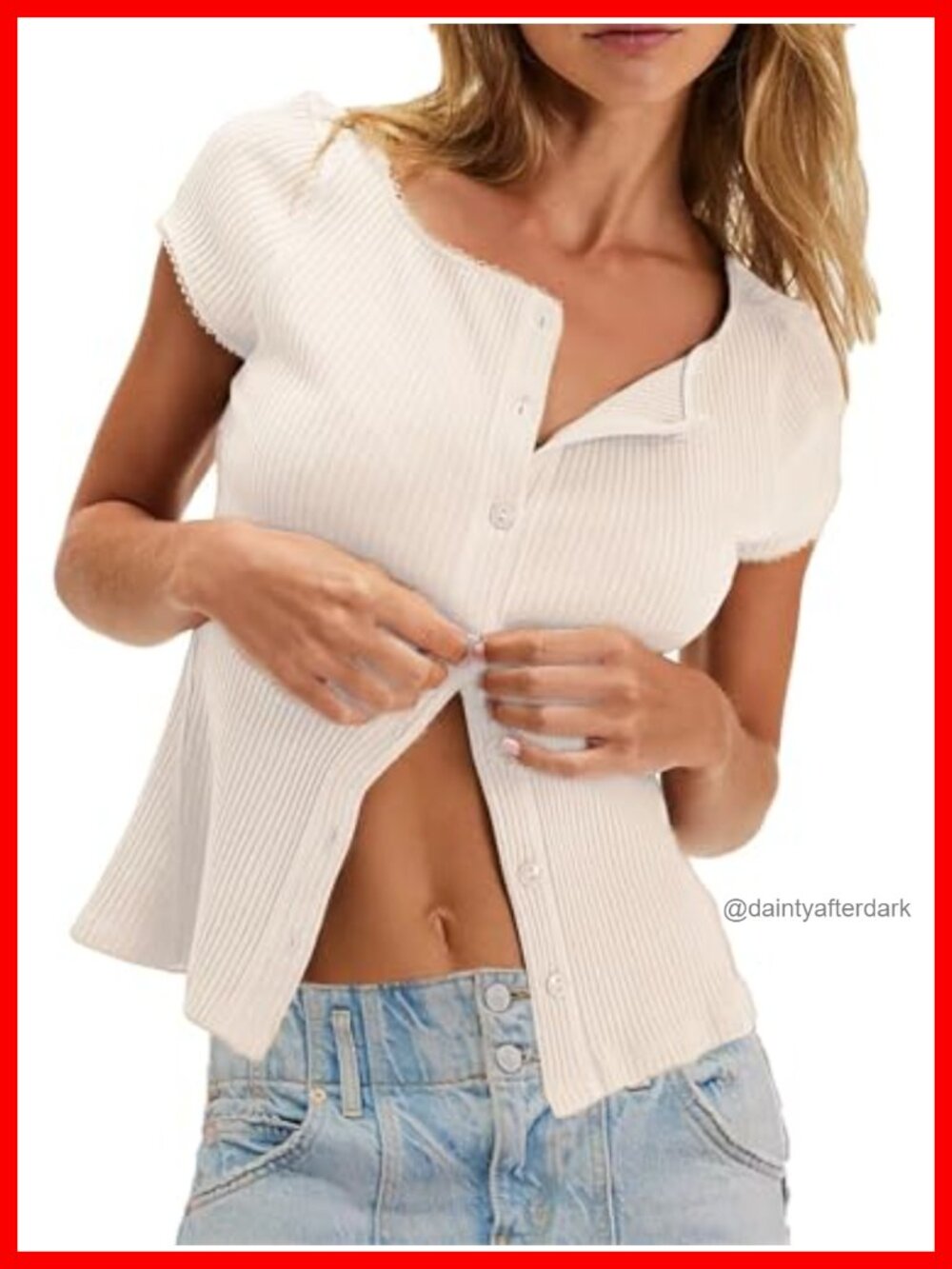 Ribbed Button Down Short Sleeve Fitted Cardigan Top Crew Neck Y2K